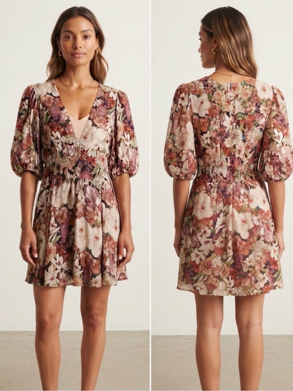 NWT Lavender Brown Floral Puff-Sleeve Mini Dress in Beige and Mauve